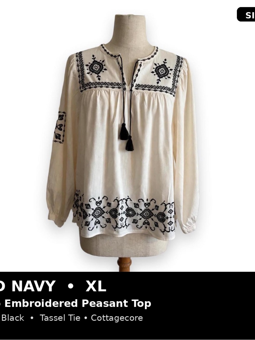 Old Navy XL Ivory Embroidered Peasant Blouse Black Boho Tassel Tie Balloon Slv